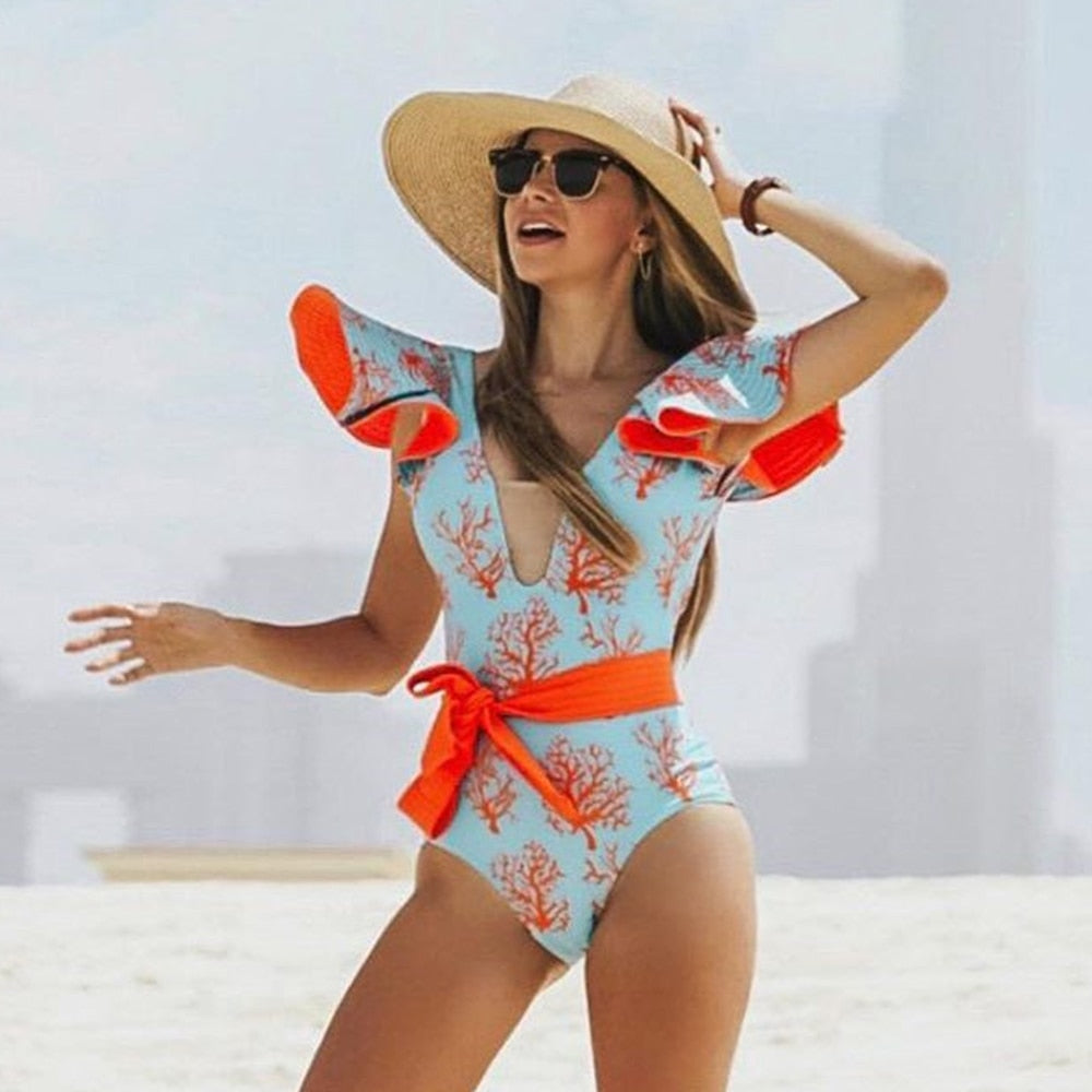 2022 New Sexy Ruffle Print Floral One Piece Swimsuit Blue and white porcelain Swimwear Women Bathing Suit Deep-V Beachwear